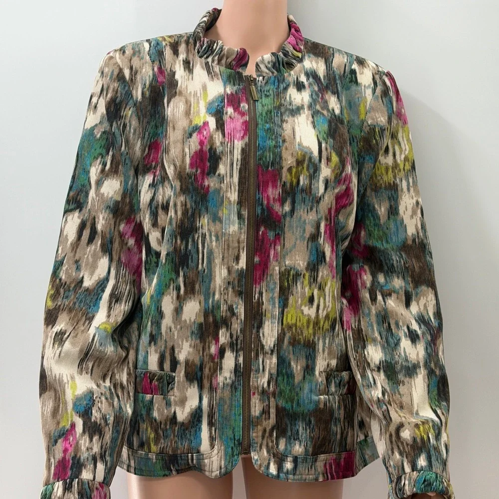 Abstract Textured Maximalism Corduroy Zip Up XL Jacket Art To Wear Artsy Boho
